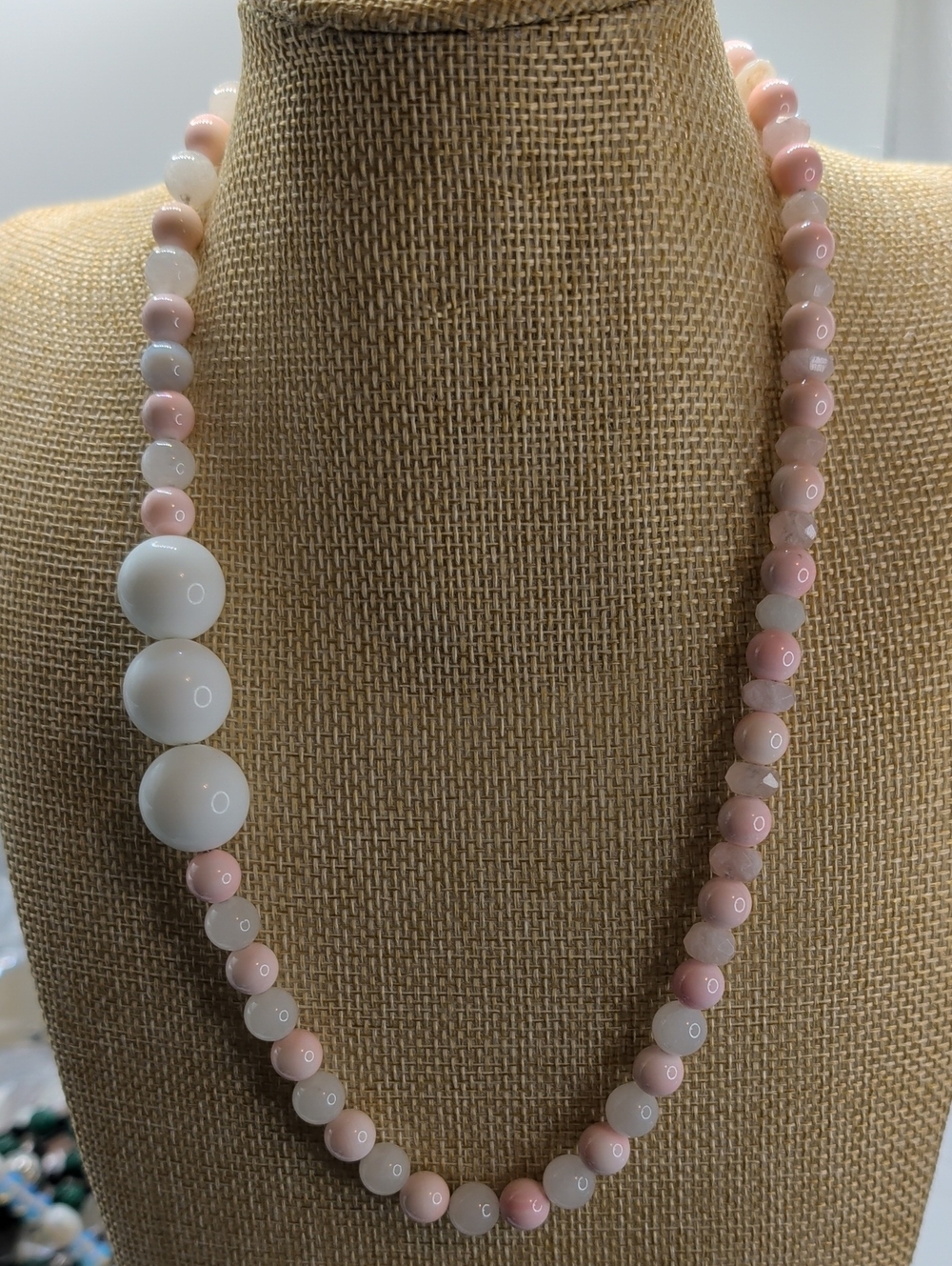 Elegant Pink Opal and White Jade Beaded Women's Necklace